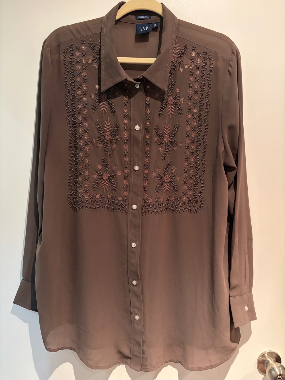 GAP Brown Embroidered Button-Down Sheer Shirt